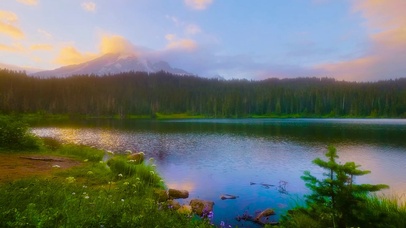 静谧雪山下傍晚湖泊