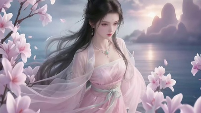 湖畔鲜花林中仙气古风美女