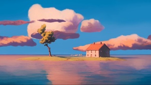 夕阳海上小屋
