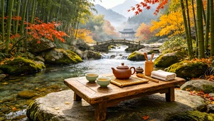 国风山水溪边品茶