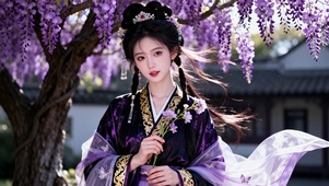 紫藤花下古装美女