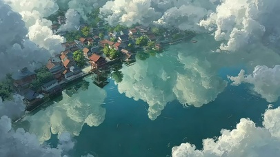 漫画白云古城水光倒影