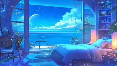 星空树木海景房屋