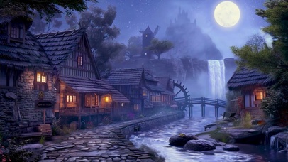 夜晚瀑布河边村庄