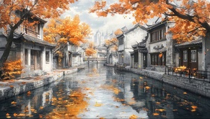 水乡秋日静谧两岸建筑