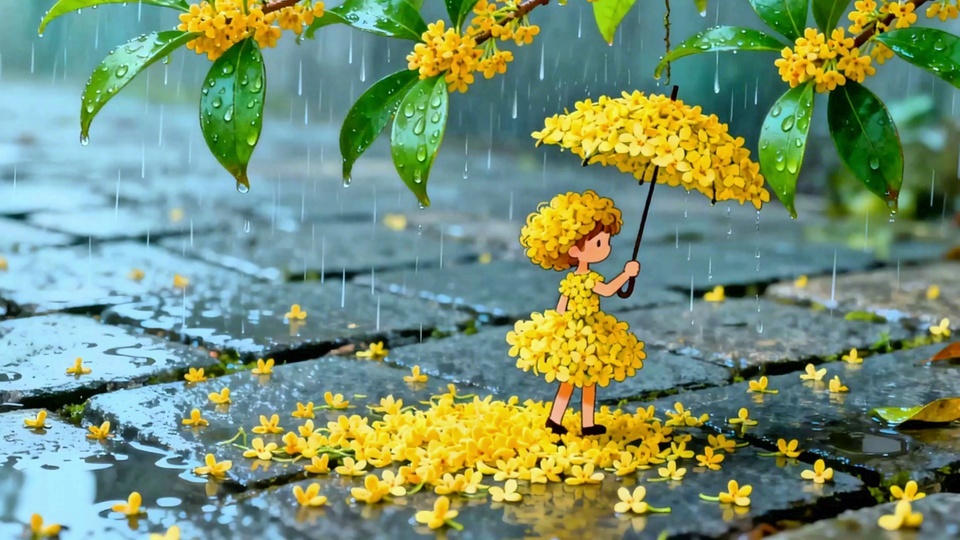 清新插画画面里，Q版卡通小女孩以黄色小花作头发和连衣裙，手持桂花造型雨伞站在雨中石板步道上，身侧挂着带水珠的桂枝，散落着黄色小花。