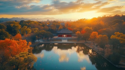 落日枫林古风湖泊