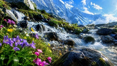 雪山溪流山间野花美景