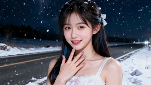 雪夜星空下的清纯美少女