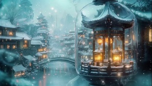 冬日水乡古亭飘雪溪流