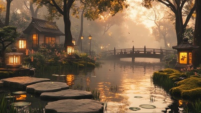 傍晚树林庭院小桥池塘