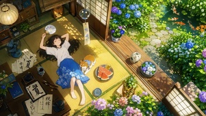 惬意夏日庭院美少女