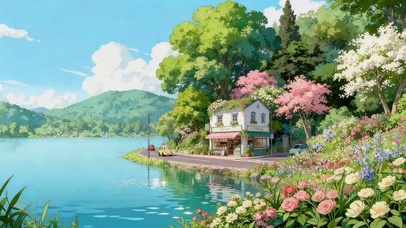 治愈湖边鲜花小屋