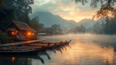 迷雾落日高山湖畔小屋