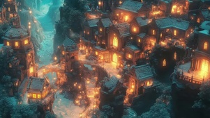 梦幻山林小镇夜晚建筑