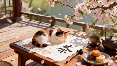 古风树下睡着猫咪