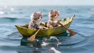 萌猫划树叶船海上漂流