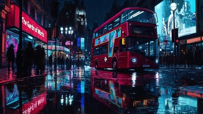 伦敦雨夜霓虹街道风景