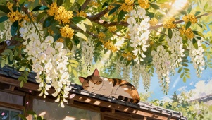 桂花树下一直猫咪慵懒惬意睡午觉