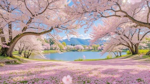 漫天樱花裹湖岸