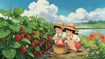 雨天摘草莓女孩