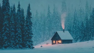 冬日飘雪森林山坡小屋