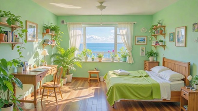薄荷绿海景卧室