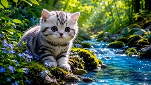 林间溪流边的可爱小猫