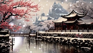 风雪飘舞的楼阁山水