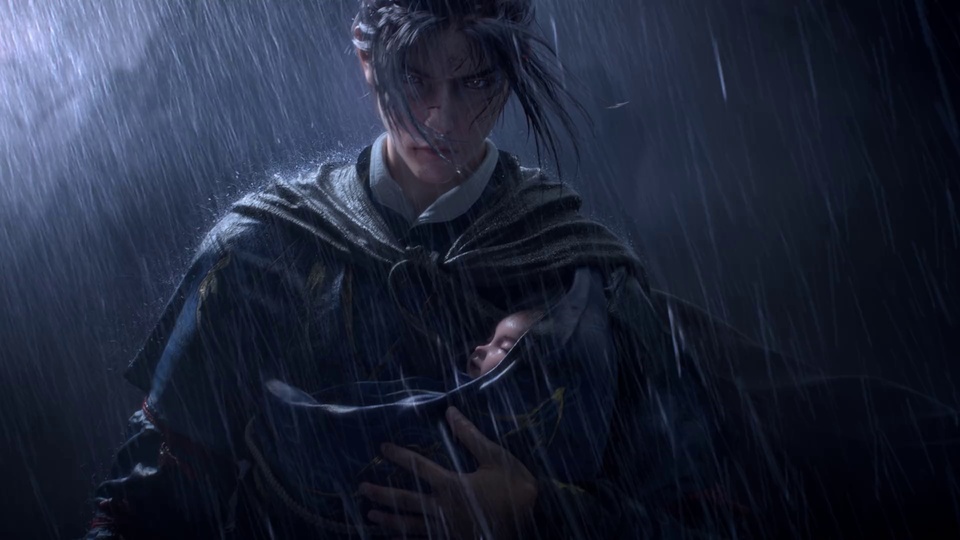 暴雨环境下，身着深色披风的男子怀中抱着襁褓，发丝被雨水打湿。