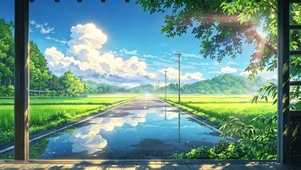 雨后初晴 蓝天白云倒影乡间小道