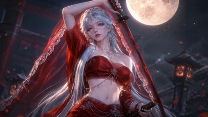 月下红衣持刀古风美少女