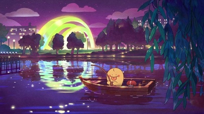 温馨动漫夜晚钓鱼的狗狗