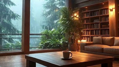 室内窗外雨天绿景带鱼屏