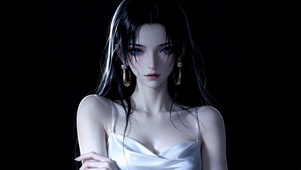 清冷蓝眼黑发白裙美少女