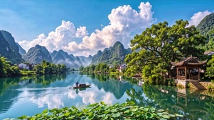 漓江晴川渔舟夏景