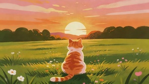黄昏草原猫咪看日出