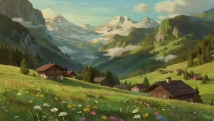 清新绿色山坡小屋