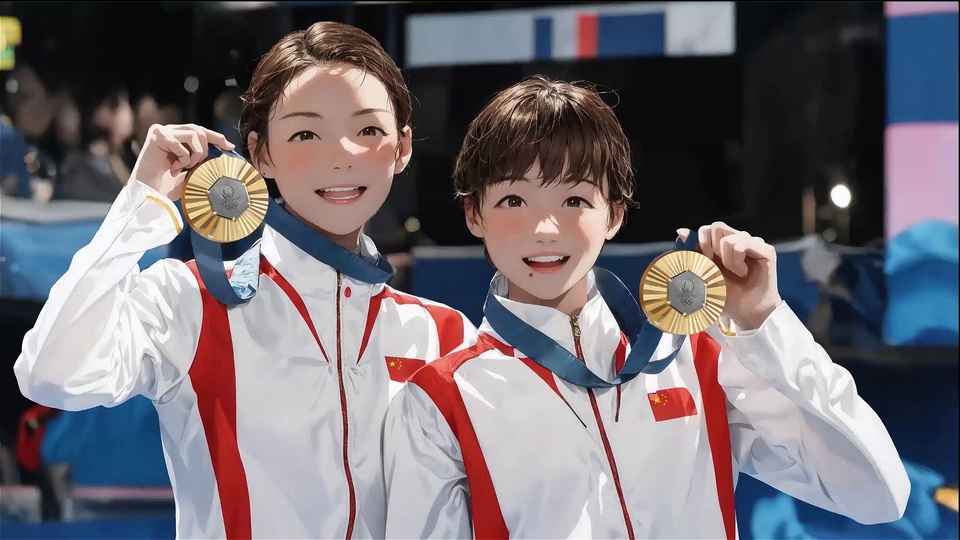 两名穿红白运动外套的少女举着金色奖牌的插画风画面