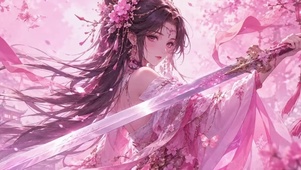 执剑粉色系二次元古风美女