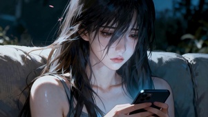 深夜忧郁少女独自坐在沙发上神伤