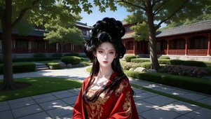 红衣唐装高发髻古风庭院美女1