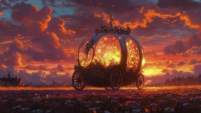 花海晚霞神秘南瓜马车