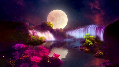 唯美幻境圆月霓虹瀑布
