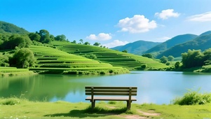 绿色护眼湖边长椅