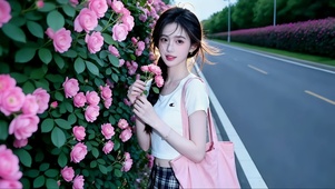 路旁鲜艳花丛前拍照的美女
