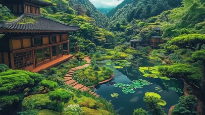 绿色夏日静谧山下庭院