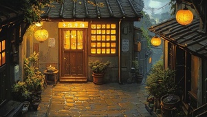 傍晚古城温馨商店民居
