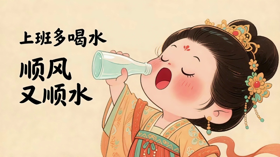 唐风Q版女子闭眼举浅绿色玻璃瓶饮水，背景左侧有竖排手写文字，浅米色纹理底，国风插画风格