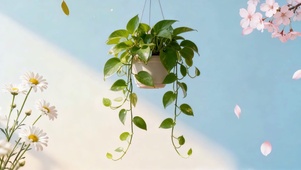 绿色护眼绿萝盆栽在阳光下摇摆